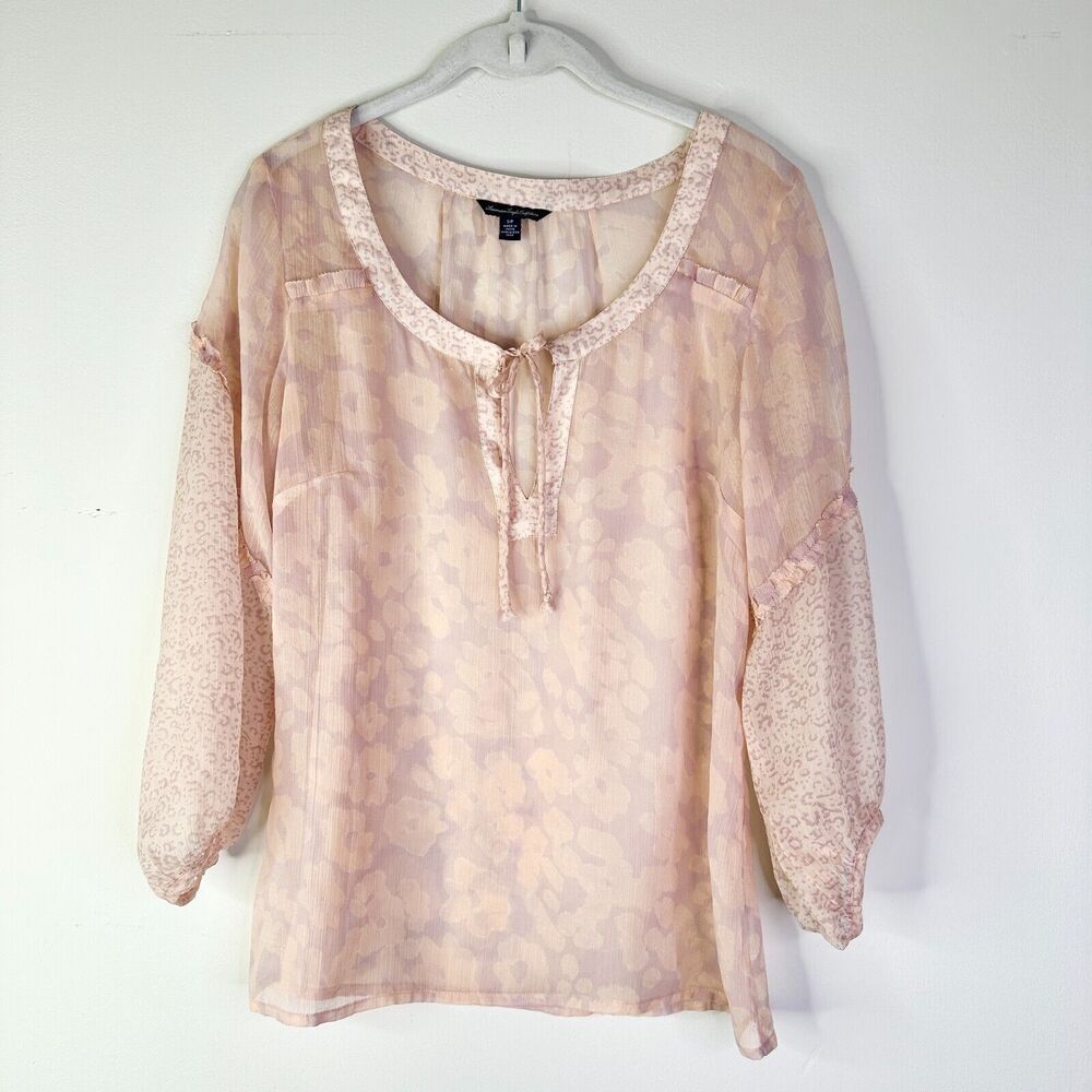 American Eagle Top Women SP Pink Blush Peasant Boho Cottage Sheer Blouse Ruffles - Picture 3 of 9